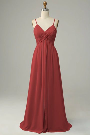 Spaghetti Straps Terracotta Sleeveless Long Bridesmaid Dress